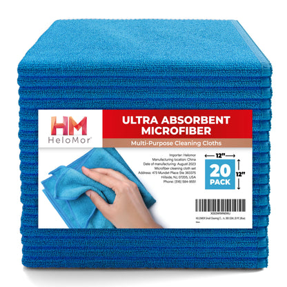 HELOMOR 12x12 Microfiber Cleaning Cloths - 300 GSM 20 PC Set for Kitchen Glass and Car Cleaning (Blue)